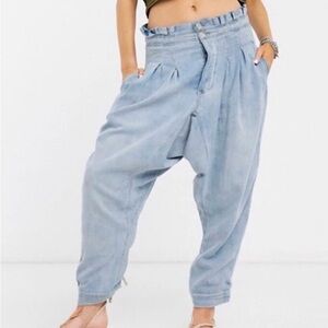 Free People We The Free Womens Mover & Shaker Paperbag Pants Blue $120 Retail